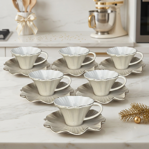 Modern Beige Floral Shaped Cup & Saucer Set of 6