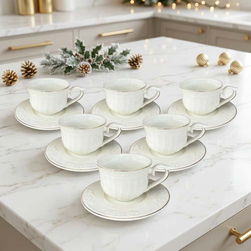 Elegant Geometric Pattern Cup & Saucer Set 12 Piece
