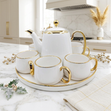Imperial Gold Rimmed Teapot and Cups Set with Serving Tray 8 Piece