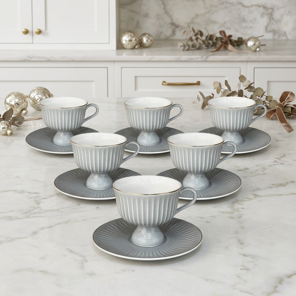 Imperial Mineral Gray Gilded Cup & Saucer Set 12 Piece