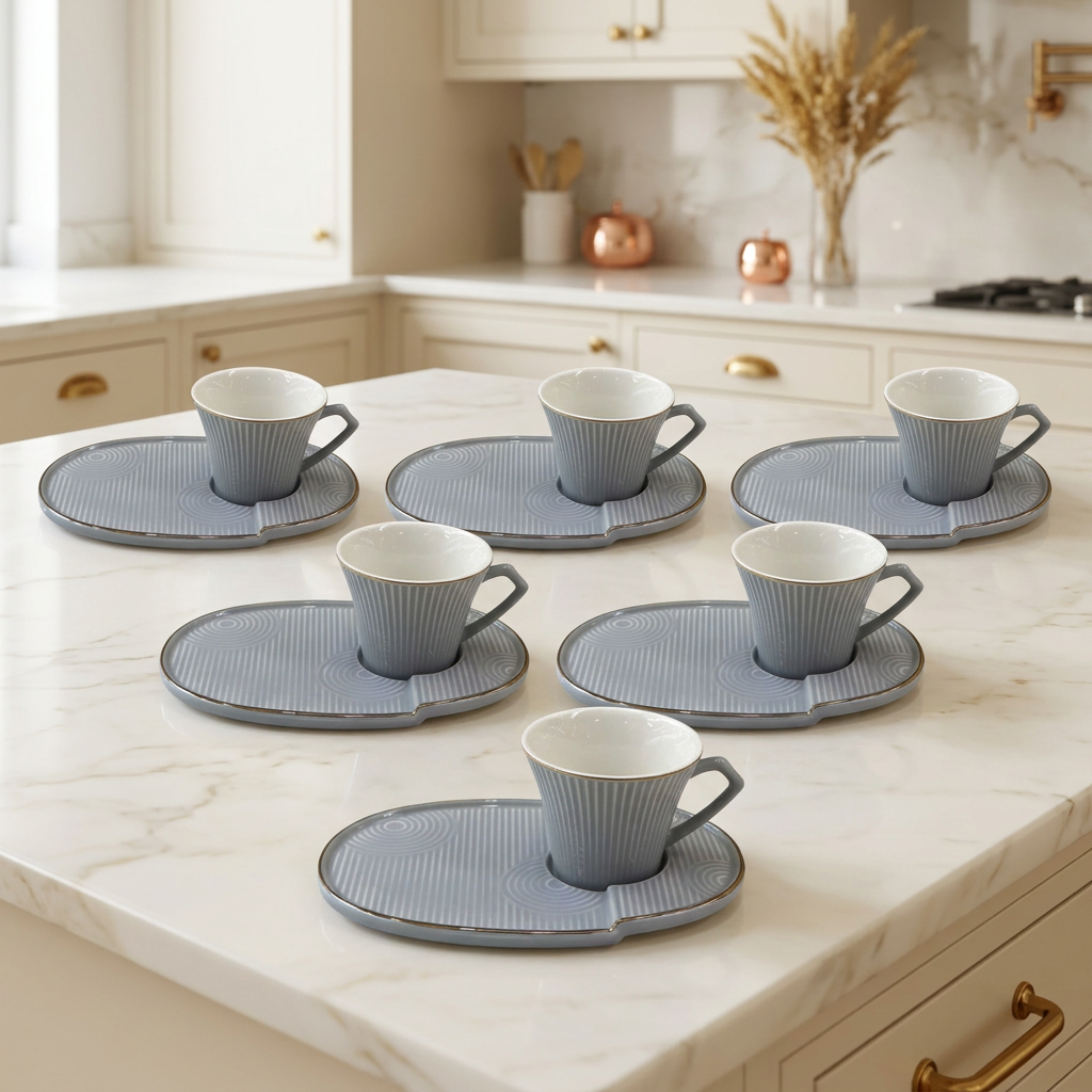 Modern Ceramic Cup with Elongated Saucer Set of 6
