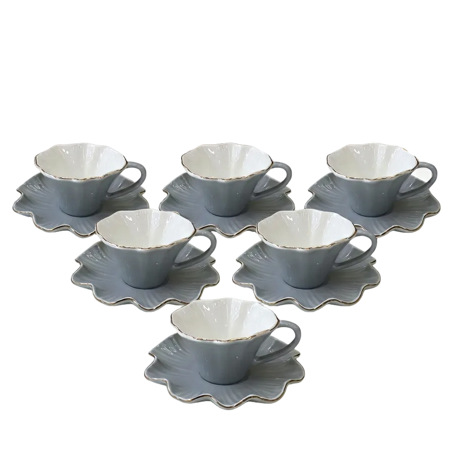 Elegant Grey Floral Shaped Cup & Saucer Set of 6