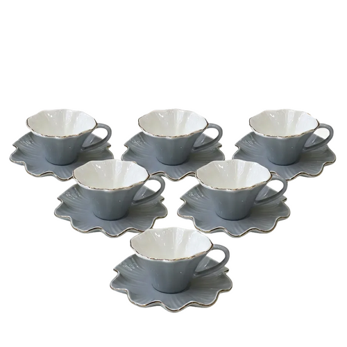 Elegant Grey Floral Shaped Cup & Saucer Set 12 Piece