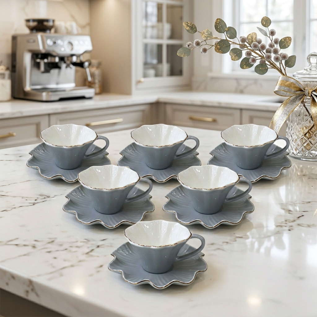 Elegant Grey Floral Shaped Cup & Saucer Set of 6