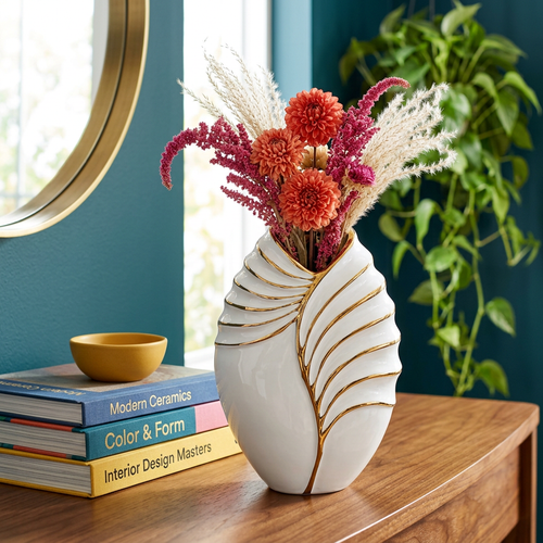 Elegant Gold Feather Leaf Ceramic Vase