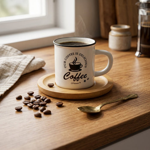 Retro Ceramic Coffee Mug Set with Wooden Coaster Saucer