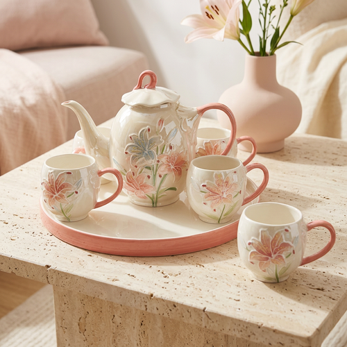 Elegant 3D Floral Lily Tea Set with Matching Round Tray