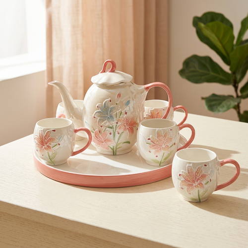 Elegant 3D Floral Lily Tea Set with Matching Round Tray