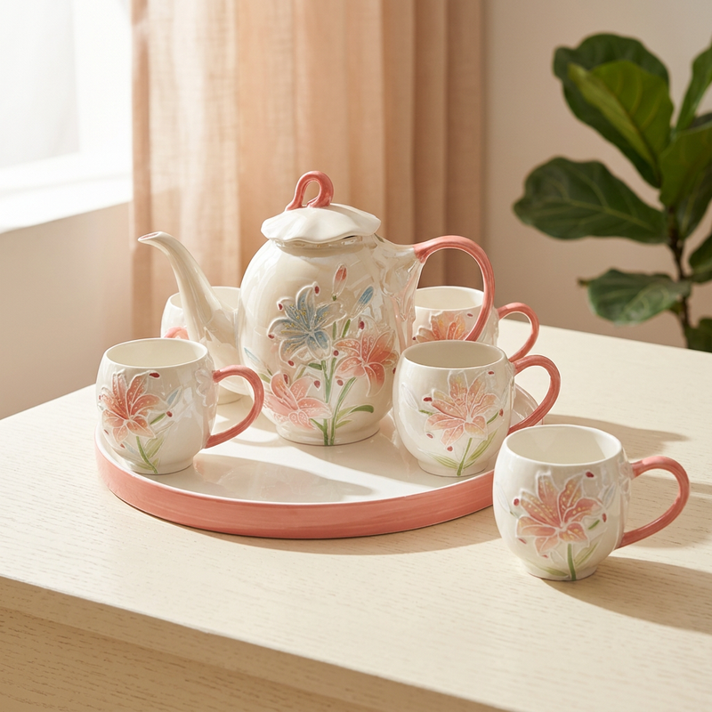 Elegant 3D Floral Lily Tea Set with Matching Round Tray