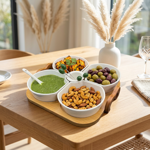 4 Section Relish Bowls with Toothpick Holder & Bamboo Board