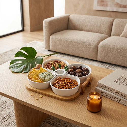 4 Section Relish Bowls with Toothpick Holder & Bamboo Board