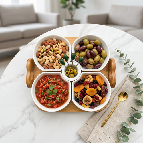 4 Section Relish Bowls with Toothpick Holder & Bamboo Board