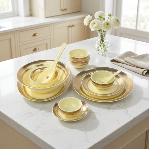 Imperial Soft Cream & Textured Gold Rim Dinnerware Set 35 Pcs