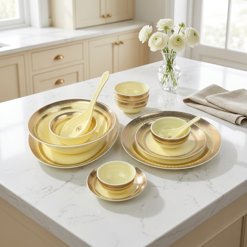 Imperial Soft Cream & Textured Gold Rim Dinnerware Set 35 Pcs