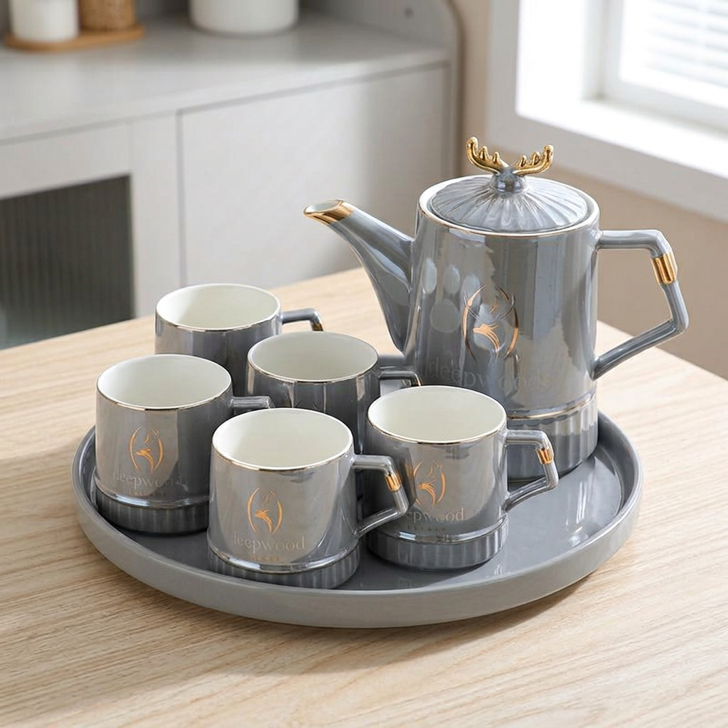 Slate Gray Glossy Tea-Set with 6 Cups & Tray