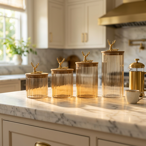 Amber Glass Jars with Wooden Lids & Gold Deer Tops Set of 4