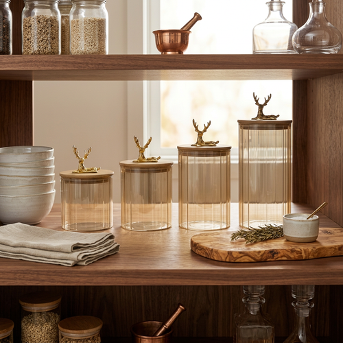 Amber Glass Jars with Wooden Lids & Gold Deer Tops Set of 4
