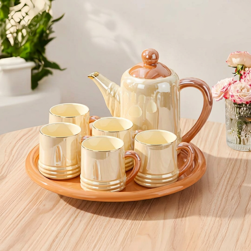 Glossy Pearl Finish Ceramic Tea Set with Tray
