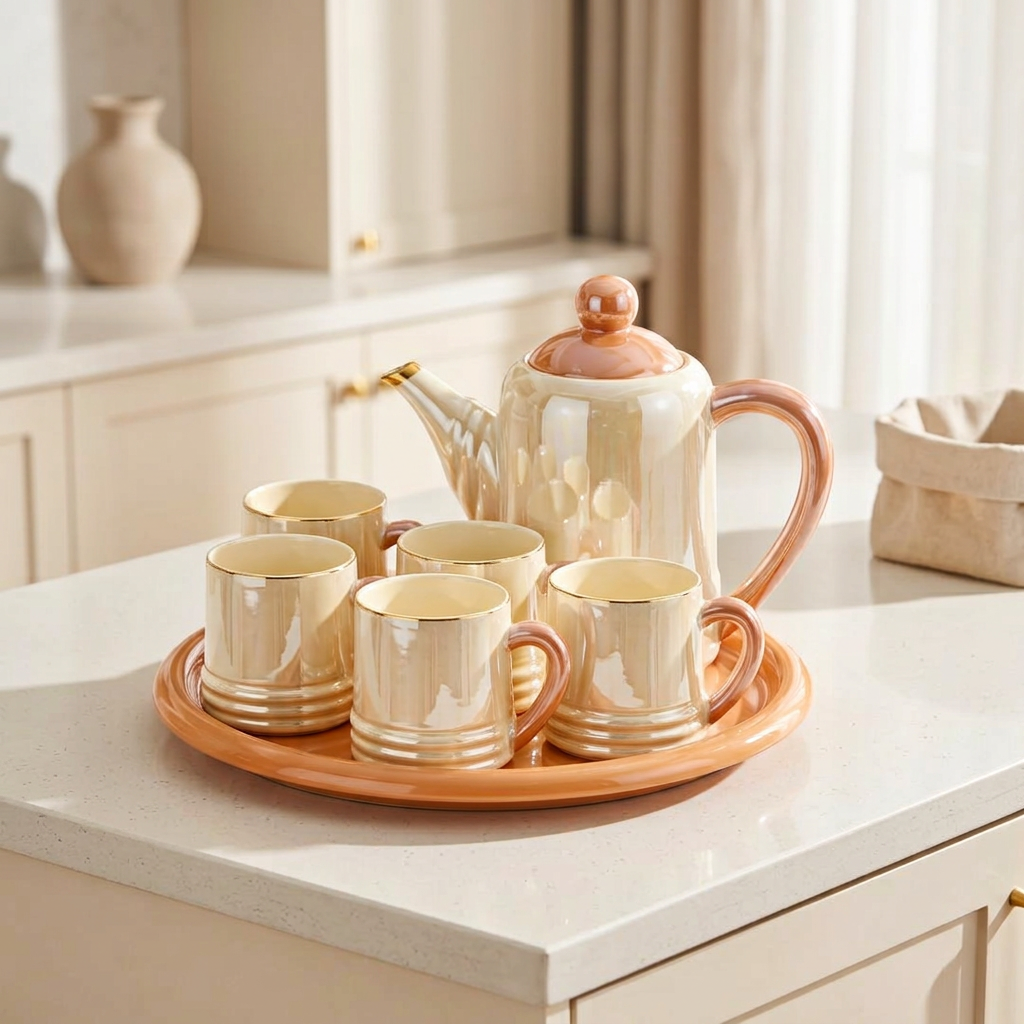 Glossy Pearl Finish Ceramic Tea Set with Tray