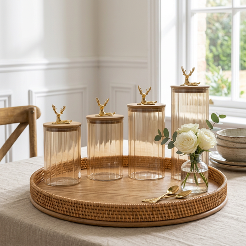 Amber Glass Jars with Wooden Lids & Gold Deer Tops Set of 4