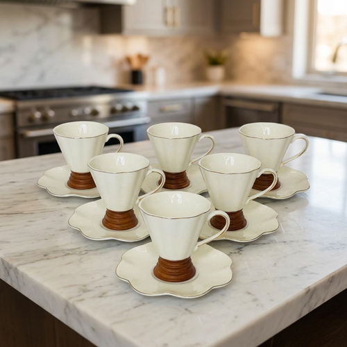 Elegant White V Shape Cups & Saucers Set of 6