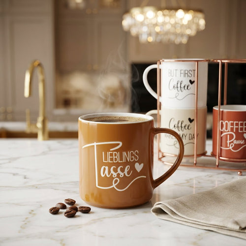 Stackable Ceramic Mug Set with Rose Gold Wire Stand