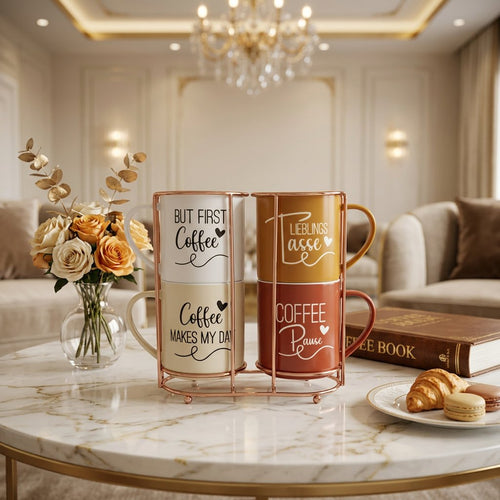 Stackable Ceramic Mug Set with Rose Gold Wire Stand