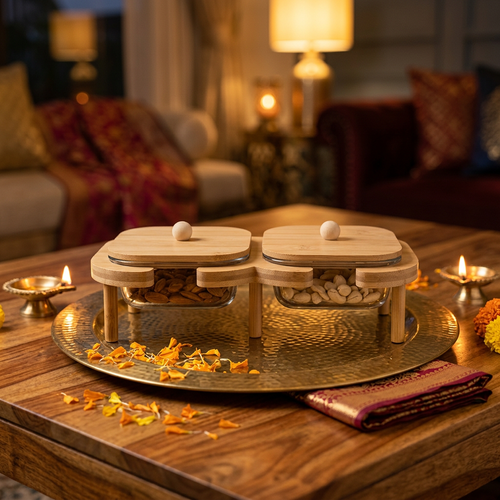 Bamboo Serving Stand with 2 Glass Bowls & Lids