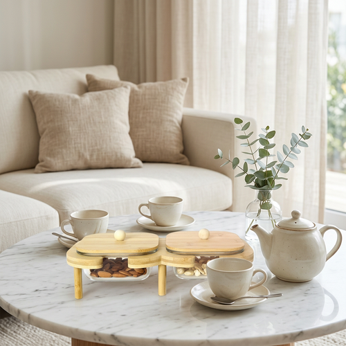 Bamboo Serving Stand with 2 Glass Bowls & Lids