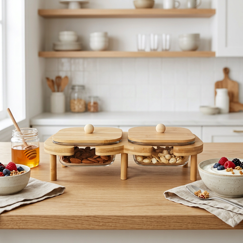 Bamboo Serving Stand with 2 Glass Bowls & Lids