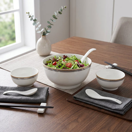 Luxury Gold & Charcoal Rimmed Ceramic Soup Bowl Set 14 Piece