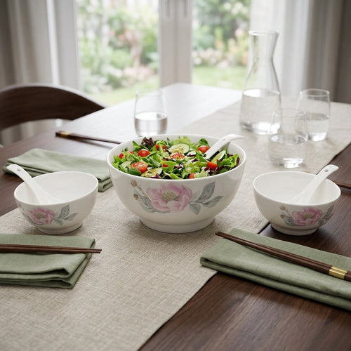 Vintage Camellia Fine Ceramic Soup & Serving Bowl Set 14 Piece