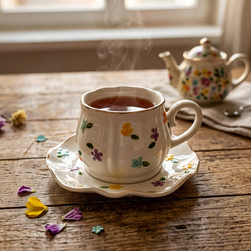 Elegant Petal Embossed Cup & Saucer Set with Gold Rim 12 Piece