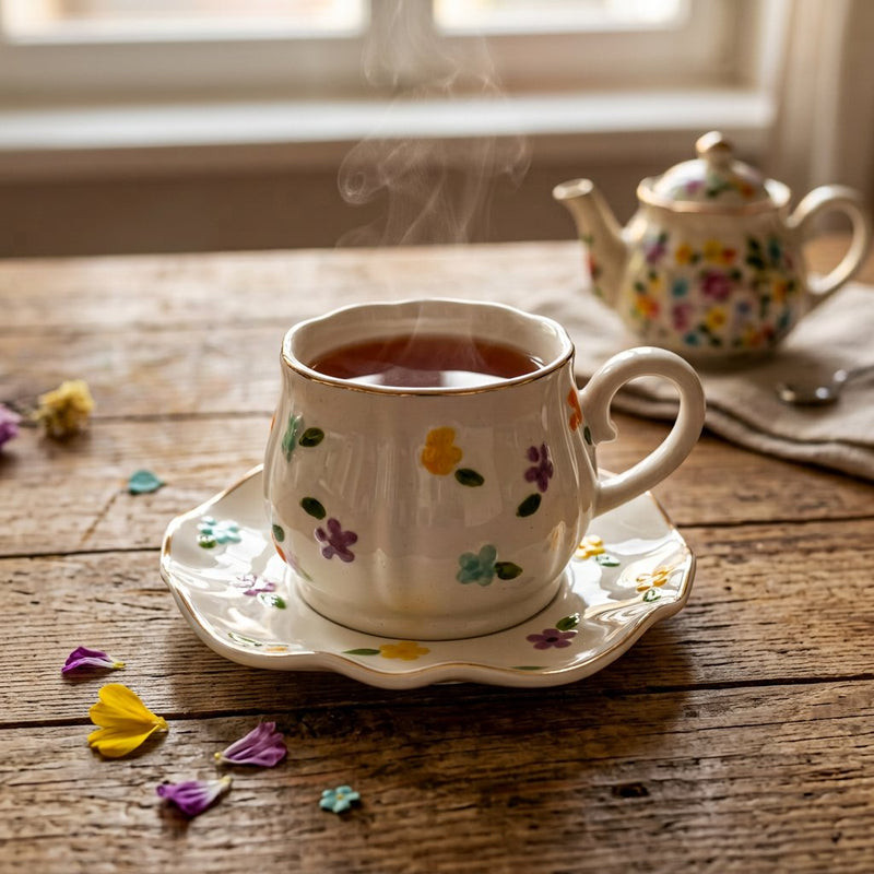Elegant Petal Embossed Cup & Saucer Set with Gold Rim 12 Piece