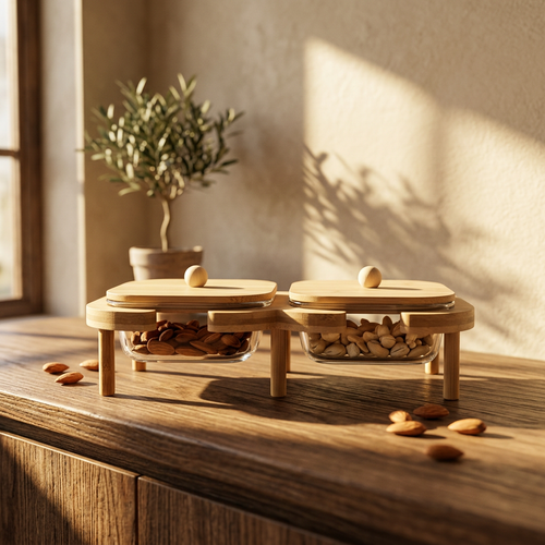 Bamboo Serving Stand with 2 Glass Bowls & Lids