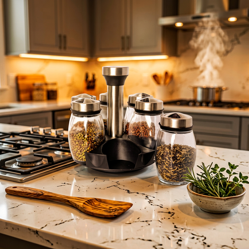 Revolving Stainless Steel & Glass Spice Set of 6