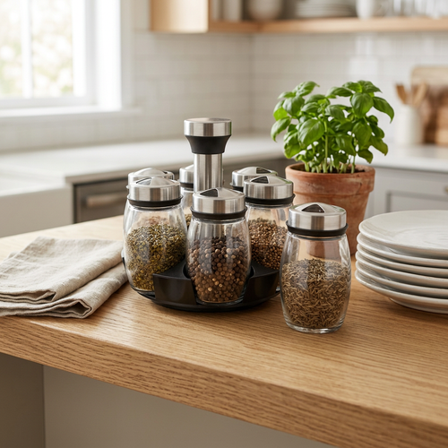 Revolving Stainless Steel & Glass Spice Set of 6