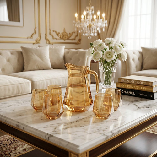 7-Piece Premium Amber Geometric Water Pitcher and Glass Set