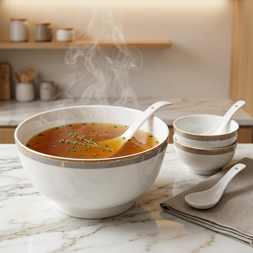 Luxury Gold & Charcoal Rimmed Ceramic Soup Bowl Set 14 Piece