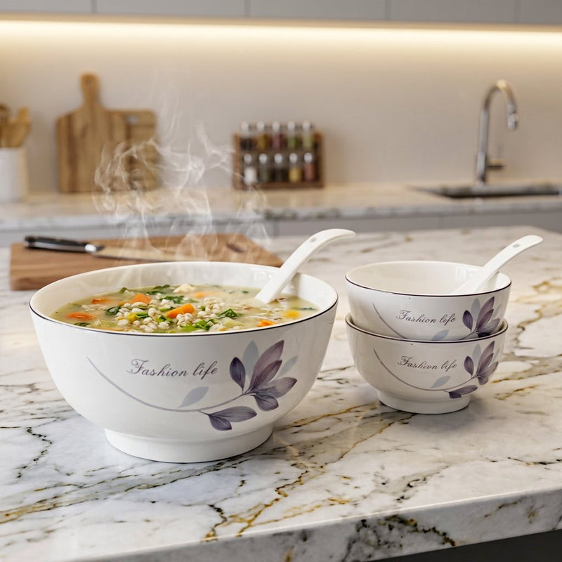 Elegant Lavender Magnolia Soup & Serving Bowl Set 14 Piece