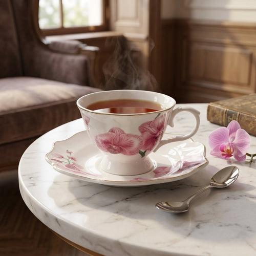 Imperial Pink Orchid Teacup & Saucer Set with Gold Rim