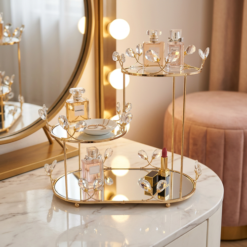 3 Tier Crystal & Mirrored Gold Serving Stand