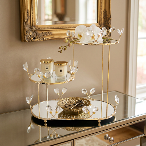 3 Tier Crystal & Mirrored Gold Serving Stand