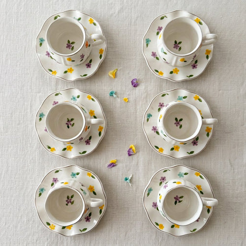 Elegant Petal Embossed Cup & Saucer Set with Gold Rim 12 Piece