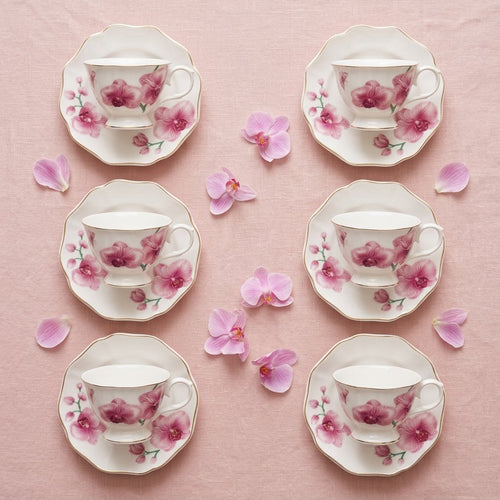 Imperial Pink Orchid Teacup & Saucer Set with Gold Rim