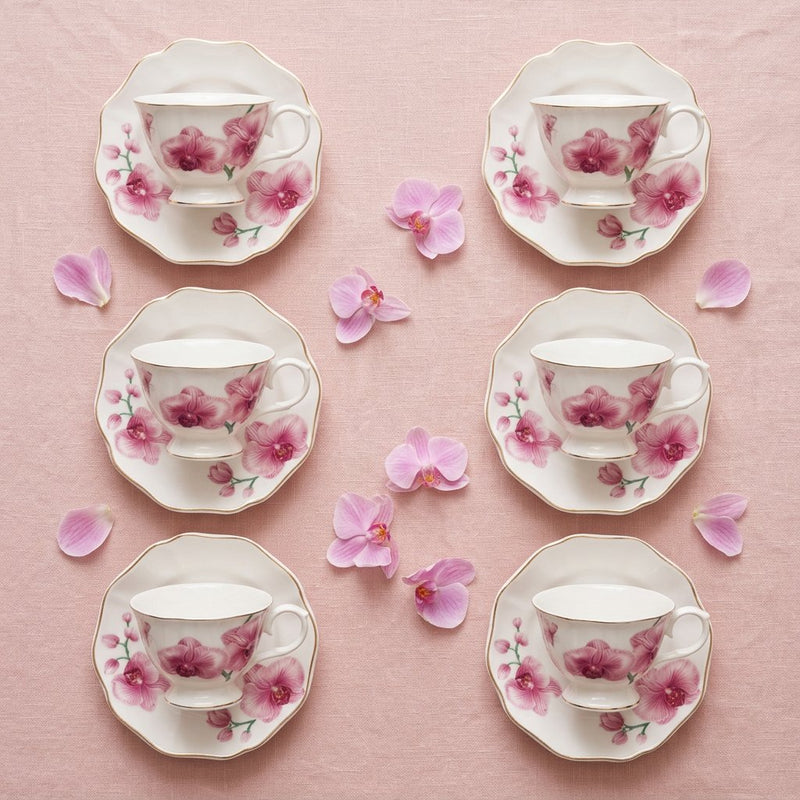Imperial Pink Orchid Teacup & Saucer Set with Gold Rim