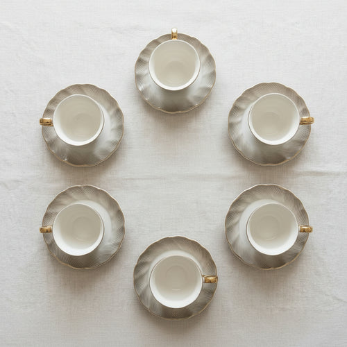 Modern Pearl Grey Swirl Teacup with Gold Handle 12 Piece