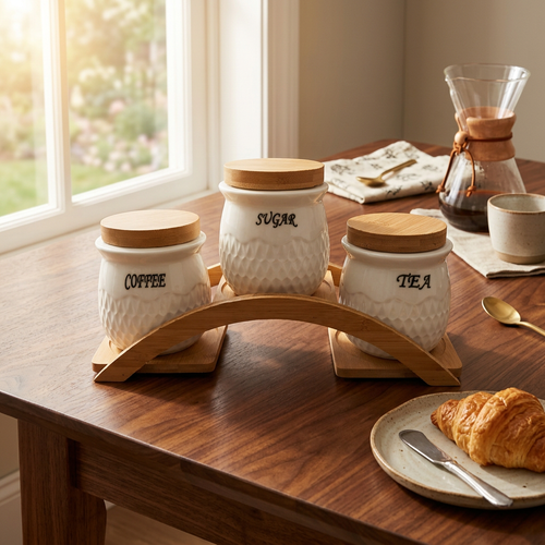 Imperial Canister Set with Bamboo Lids & Arched Stand 3 Piece