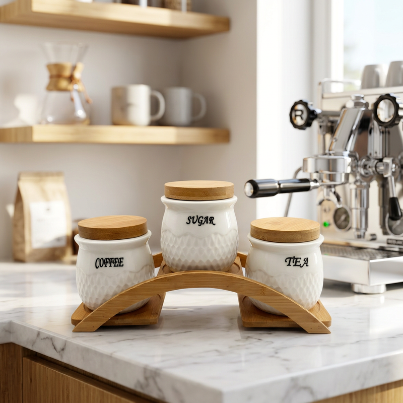 Imperial Canister Set with Bamboo Lids & Arched Stand 3 Piece