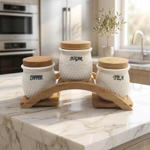 Imperial Canister Set with Bamboo Lids & Arched Stand 3 Piece